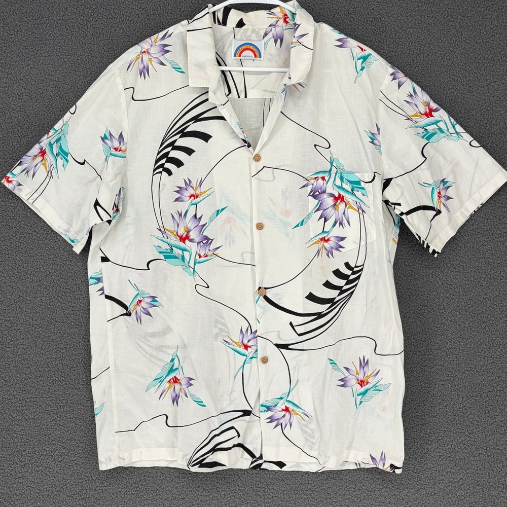 Paradise Found Hawaii Mens Floral Bird of Paradise Aloha Shirt White XL